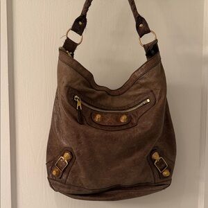 Balenciaga Brown Leather Hobo Day Bag with Gold Accents Hardware City Motorcycle